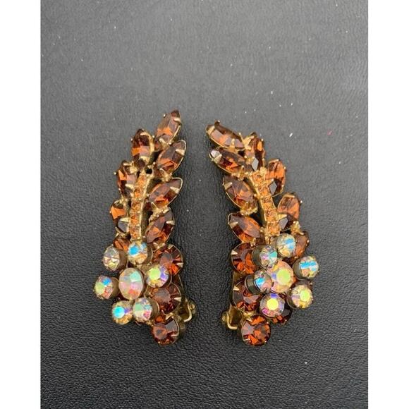 Vintage Gold Tone Topaz & AB Rhinestone Statement Ear Climber Clip On Earrings - Picture 2 of 5